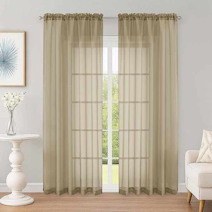 OWENIE Sheer Curtains 84 Inches Long 2 Panels Set, Sheer Taupe Curtains for Living Room Bedroom 59 Inch Extra Wide, Modern Voile Filmy Rod Pocket Drapes, 2 Pcs, Each 59 W x 84L, Taupe