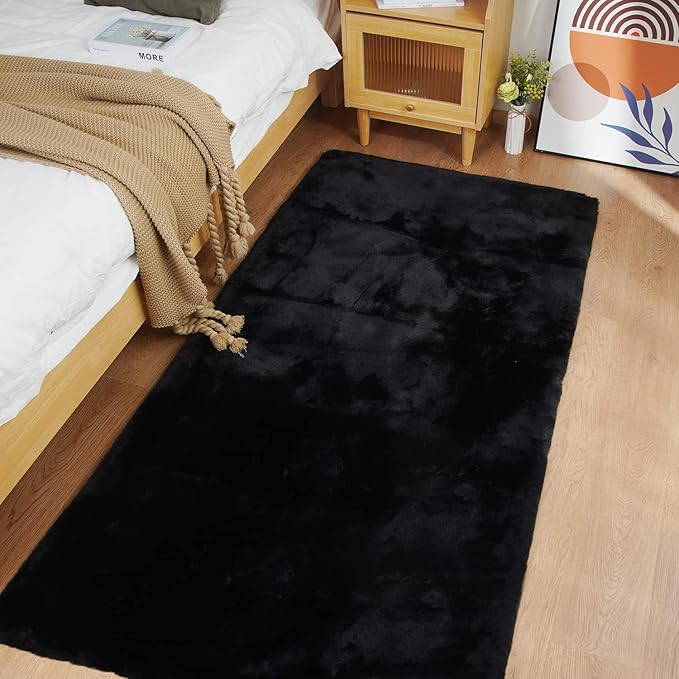 Ghouse Ultra Soft Faux Rabbit Fur Rug, Machine Washable Area Rugs for Bedroom Fluffy Rugs for Living Room, No-Shedding Carpet Sheepskin Runner Rugs Black 2x10 Feet