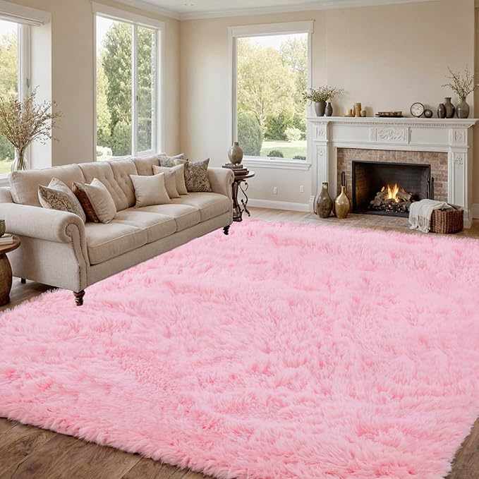 8x10 Area Rugs for Living Room Rug: Soft Fluffy Shag Light Pink Rugs for Bedroom, Non-Slip Large Fuzzy Plush Rug Indoor Floor Carpet for Nursery Kids Boys Girl Room, Dorms, Playroom, Modern Home Decor