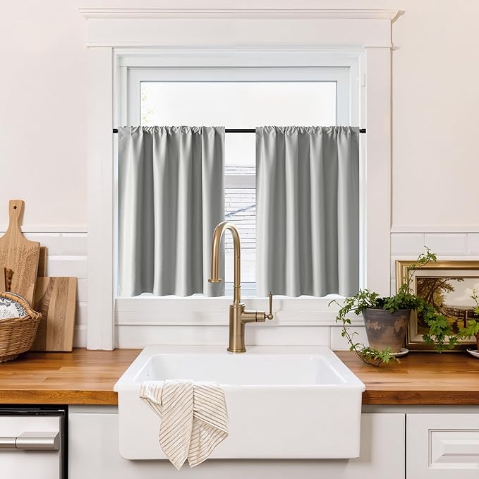 RYB HOME 100% Blackout Short Curtains for Small Window, Thermal Insulated Total Room Darkening Noise Reducing Curtains for Basement Bathroom RV Cars, 29 inches Wide by 24 inches Long, Sliver Grey