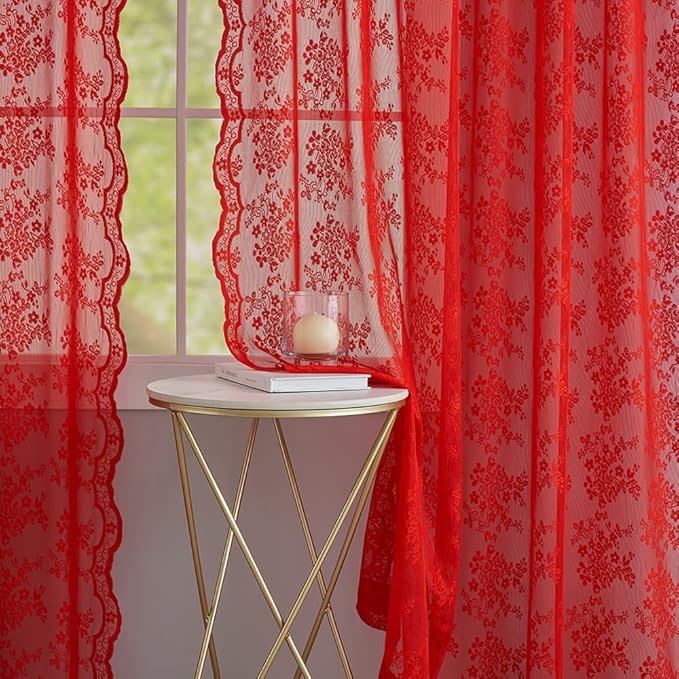 YJ YANJUN Vintage Lace Curtains 96 Inches Long-Victorian Floral Pattern Red Sheer Curtain Panels for Living Room Bedroom,Light Filtering, Xmas Gift for Holiday Decor 2 Panels 52W x 96L