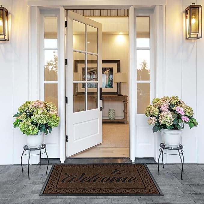 Yimobra Welcome Mat, Heavy Duty Sturdy Door Mats for Home Entrance Outdoor Indoor, Front Doormat for Outside Patio Floor Entry Porch Garage Office, Waterproof, Low Profile, 29.5x17, Coffee