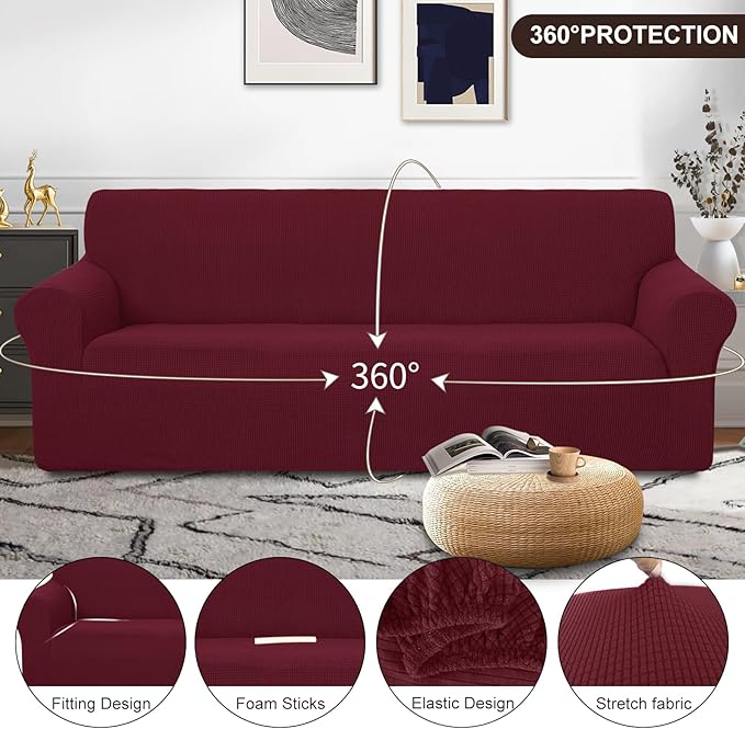 U-NICE HOME 4 Seater Stretch Couch Cover Sofa Cover Washable Sofa Slipcover Furniture Protector for 3 Cushion Couch Sofa Pet Friendly, Burgundy