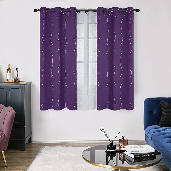 Deconovo Short Purple Curtains, Blackout Drapes with Wave Line Silver Print, 38 x 45 Inches Long, Thermal Insulated Panel, Grommet Top, Machine Washable, Set of 2 Panels for Kitchen Nursery Bedroom