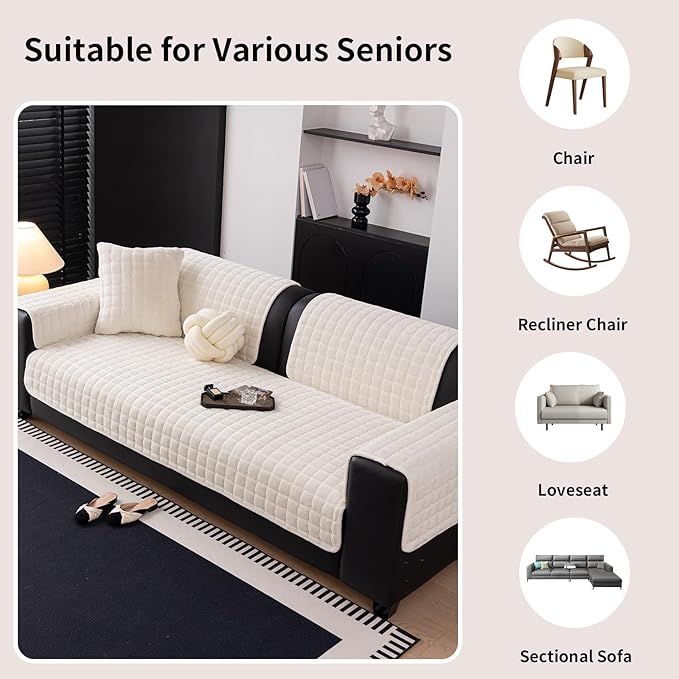 Velvet Couch Cover, Washable Sectional Sofa Cover, Anti Slip Sofa Slipcovers for 3 Cushion Couch Sofa L Shaped Recliner, Furniture Protector Covers for Pets Kids(White, Only 1 PCS)