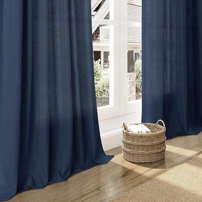 Denim Blue Linen Curtains 108 Inches Long for Living Room 2 Panels Set Extra Long Back Tab Curtain Semi Sheer Light Filtering Denim Blue Drapes Floor to Ceiling Curtains for Large Windows 52x108