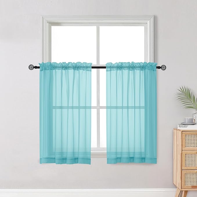 OWENIE Short Aqua Sheer Curtains 36 Inch Length 2 Panels Set, Kitchen Tiers Curtains Light Filter Rod Pocket Voile Cafe Curtain for Basement Bathroom Small Half Window, 42" W x 36" L, Aqua
