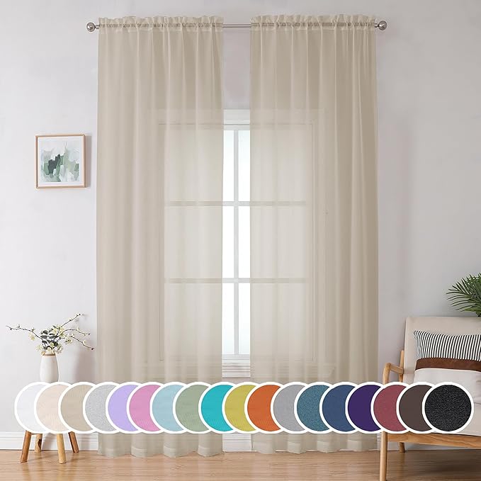 OWENIE Extra Long Sheer Curtains 96 inches Long for Bedroom Living Room, Soft Light Weight Airy Voile Sheer Curtains, Rod Pocket Light Filtering Solid Color Farmhouse Curtains, Each 42Wx96L inch