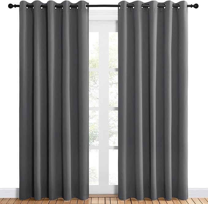 NICETOWN Bedroom Curtains Blackout Drapery Panels, Three Pass Microfiber Thermal Insulated Solid Ring Top Blackout Window Curtains/Drapes (Two Panels, 60 x 84 inches, Gray)