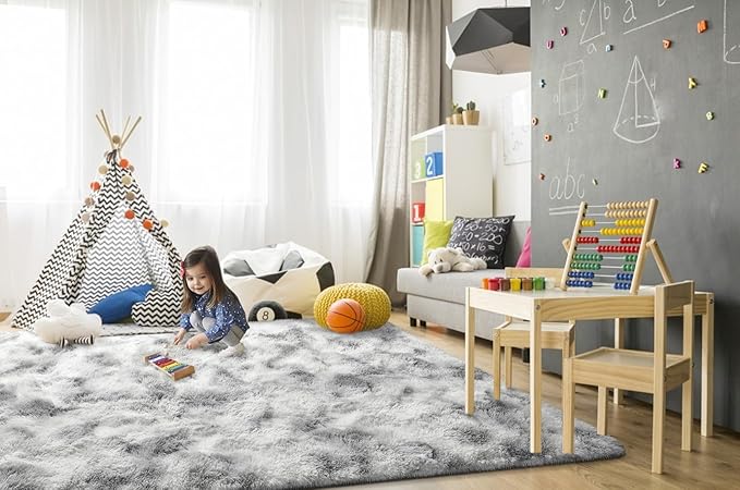 TWINNIS Super Soft Shaggy Rugs Fluffy Carpets 5x8 Feet, Indoor Modern Plush Area Rugs for Living Room Bedroom Kids Room Nursery Home Decor, Upgrade Anti-Skid Fuzzy Rug, Grey and White