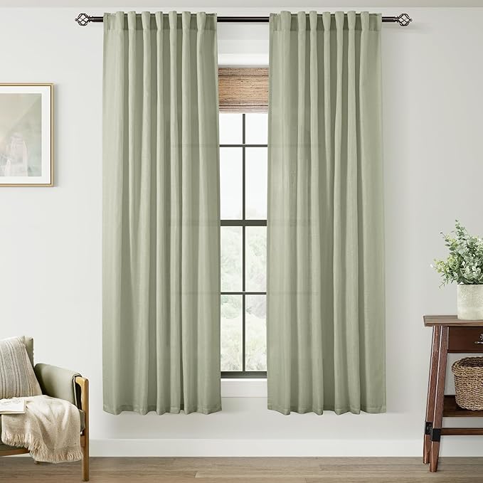 Linen Blend Sage Green Curtains 63 inch Length 2 Panels for Bedroom Back Tab Light Filtering Semi Sheer Drapes Linen Cotton Textured Light Green Airy Modern Farmhouse Living Room Sage Aesthetic Decor