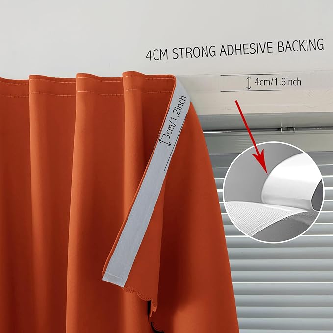 Self Adhesive Curtains Portable Blackout Curtain Simple and Easy to Install Bedroom Window Thermal Lnsulated Kitchen Room Darkening Black Small Drapes, 59" W X 71" L, Orange, 1 Panel