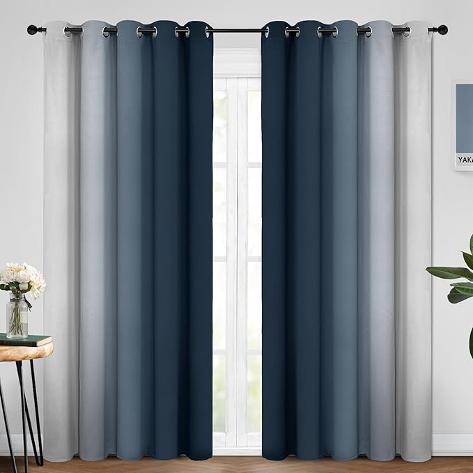 Yakamok Room Darkening Ombre Curtains 84 Inch Length, Navy Blue and Greyish White Thermal Insulated Gradient Color Curtains,Light Blocking Grommet Window Drapes for Bedroom,62 Inch Width,2 Panels