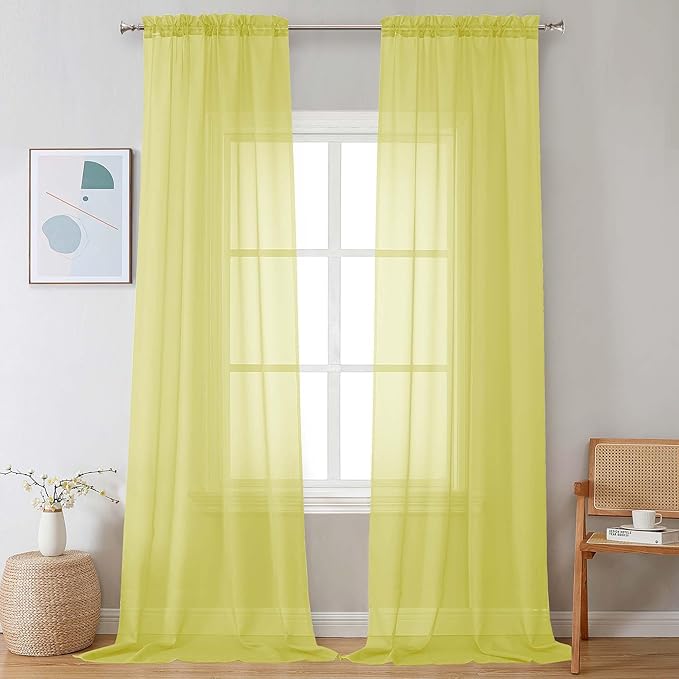 Chyhomenyc Sheer Curtains 108 Inch Length 2 Panels Set, Extra Long Light Filtering Solid Voile Window Drapes for Living Room Bedroom, 42Wx108L, 9FT Length, Set of 2, Lemon