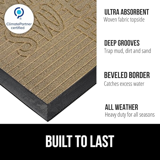 GORILLA GRIP 100% Waterproof All-Season WeatherMAX Doormat 35x23, US Designed Natural Rubber, Stain and Fade Resistant, Low Profile Indoor Outdoor Door Mats, Easy Clean Patio Mat, Home Sweet Home