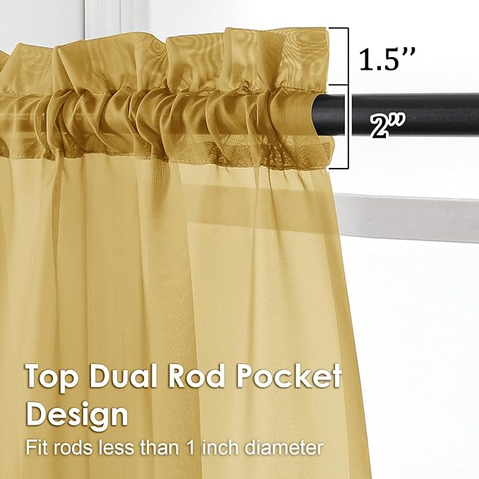 OVZME Gold Sheer Curtains 78 Inches Long 2 Panels - Soft Light Filtering Window Sheer Panels for Living Room/Bedroom, Top Dual Rod Pocket, 1 Pair, Each 42Wx78L Inches