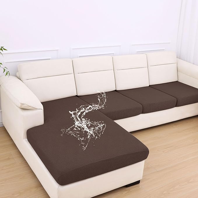 hyha Waterproof Couch Cushion Covers for Pets, Non Slip Sofa Seat Cover for Dogs Washable, Soft Thick Stretch Jacquard Fabric, Sofa Slipcovers with Elastic Bottom (1 Chaise+3 Seater, Brown)