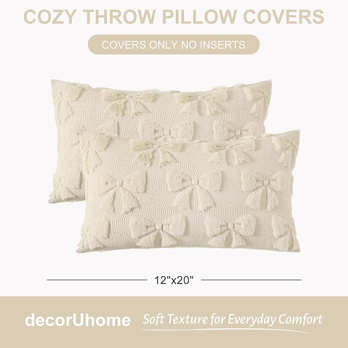 decorUhome Beige Bow Pillow Covers Set of 2 Coquette Aesthetic Cute Preppy Plush Faux Pillowcases for Girly Bedroom or Couch 12x20 Inch