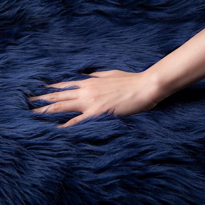 Ashler Faux Fur Rug - Fluffy Shaggy Area Rug, Ultra Soft 3 x 3 Feet Round, Navy Blue Fuzzy Machine Washable Shag, Nursery Decor Throw for Bedroom, Kids Room, Living Room