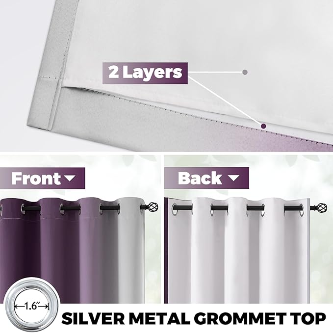 Yakamok 100% Blackout Curtains 63 Inch Length 2 Layers,Purple Curtains for Bedroom Ombre Room Darkening Grommet Gradient Drapes, Light Blocking Thermal Insulated Window Curtains for Living Room