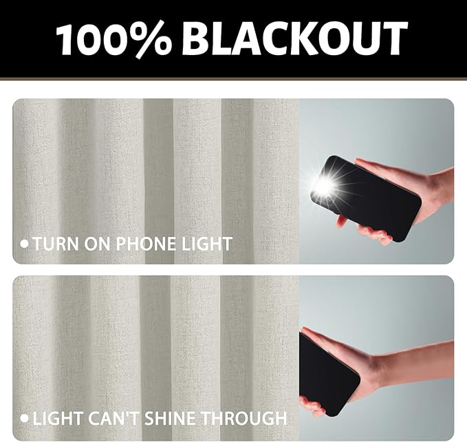 Yakamok Cream Linen Curtains 100% Blackout 96 Inches Long,Room Darkening Textured Curtains for Living Room Thermal Grommet Bedroom Curtain 2 Panels with Greyish White Liner