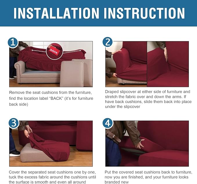 H.VERSAILTEX 4 Piece Stretch Sofa Covers for 3 Cushion Couch Covers for Living Room Furniture Slipcovers (Base Cover Plus 3 Seat Cushion Covers) Thicker Jacquard Fabric (Large Sofa, Burgundy)