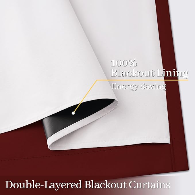 Yakamok 100% Blackout Curtain Panels 63 inches Cold and Light Blocking Drapes for Nursery, 2 Thick Layers Thermal Insulated Draperies (2 Pieces, 50 Wide Each Panel, Burgundy Red/White Backing)