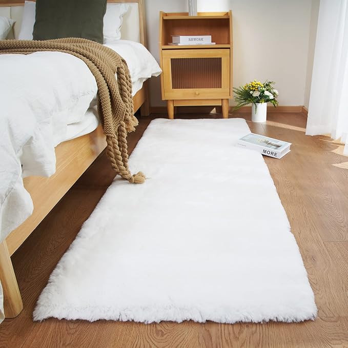 Ghouse Ultra Soft Faux Rabbit Fur Rug, Machine Washable Area Rugs for Bedroom Fluffy Rugs for Living Room, No-Shedding Carpet Sheepskin Runner Rugs White 2 x 8 Feet
