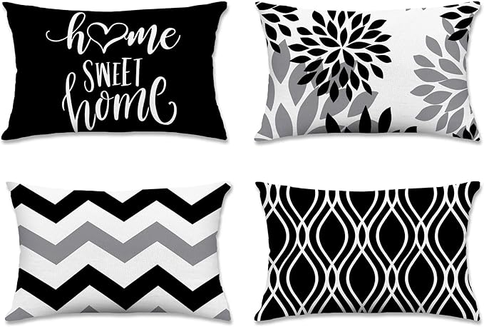 Hexagram Geometric Black Pillow Covers 12x20 Set of 4, Decorative Outdoor Boho Modern Throw Pillow Covers, Home Sweet Home Farmhouse Cushion Case for Couch Sofa Bedroom Indoor Decor(No Insert)