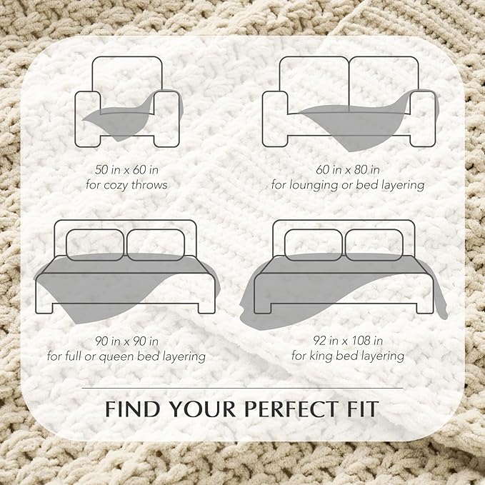 EVERGRACEHOME Chunky Chenille Knit Throw Blanket for Couch, Soft Luxurious Oversized Queen Moss Stitch Blanket for Bed, Cozy Farmhouse Knitted Throw for Sofa, Beige, 90" x 90"