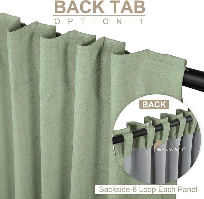 100% Blackout Shield Linen Blackout Curtains for Bedroom 108 Inches Long, Back Tab/Rod Pocket Living Room Drapes, Thermal Insulated Blackout Curtains 2 Panels Set, 50" W x 108" L, Sage