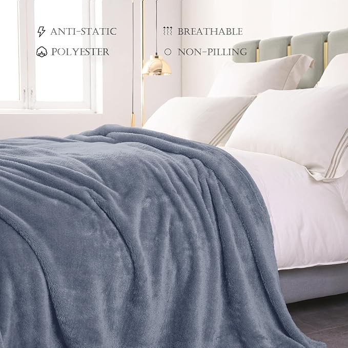 Exclusivo Mezcla Plush Fuzzy Fleece Bed Blanket Queen Size, Super Soft, Fluffy and Warm Blankets for Couch, Bed, All Season (Stone Blue, 90x90 Inches)