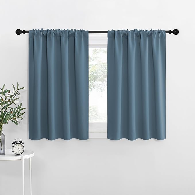 NICETOWN RV Blackout Curtains for Camper Windows, Smoky Blue, 34" x 36", Set of 2, Kitchen Curtains, Short Blackout Drapes, Thermal Insulated Rod Pocket Window Treatment Draperies for Nursery