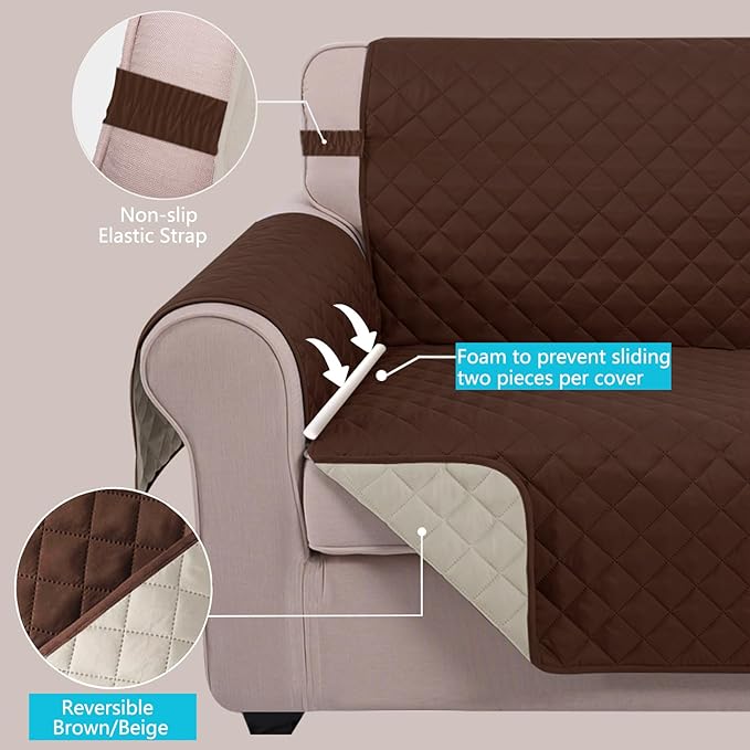 U-NICE HOME Large Sofa Cover Reversible Couch Cover for Dogs with Elastic Straps Water Resistant Furniture Protector for Pets Couch Cover for 4 Cushion Couch (Oversized Sofa, Brown/Beige)