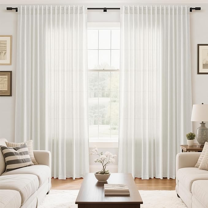 Nanspring Beige White Extra Wide Linen Curtains for Living Room Bedroom Light Filtering Semi Sheer Curtains for Sliding Door Coastal Decor Floor to Ceiling Window Extra Long Curtain 100x120