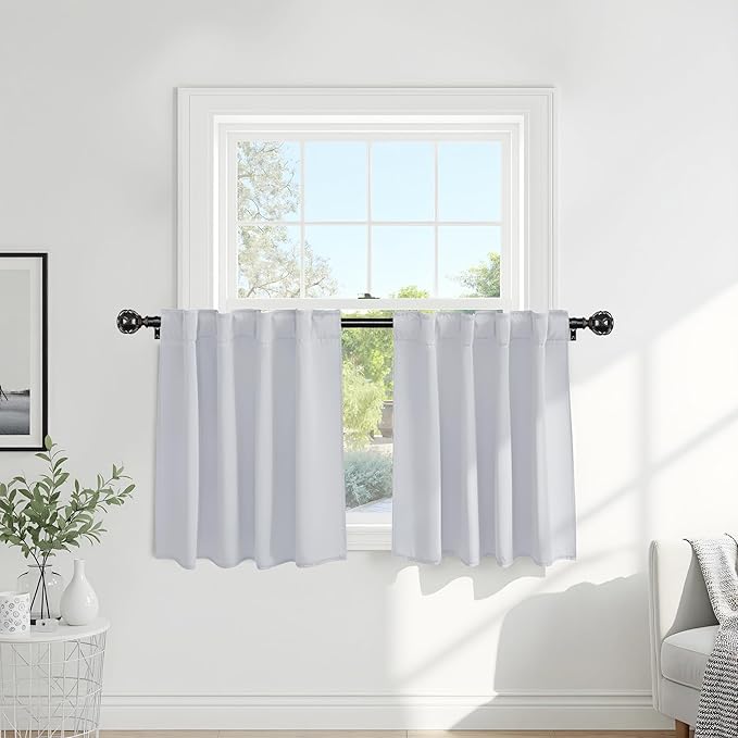 PONY DANCE White Curtain Panels - Kitchen Curtains Room Darkening Light Blocking Energy Saving Short Drapes/Bedroom with Back Tab Home Decor, 42 in Wide by 30 Long, Grayish White, 2 PCs
