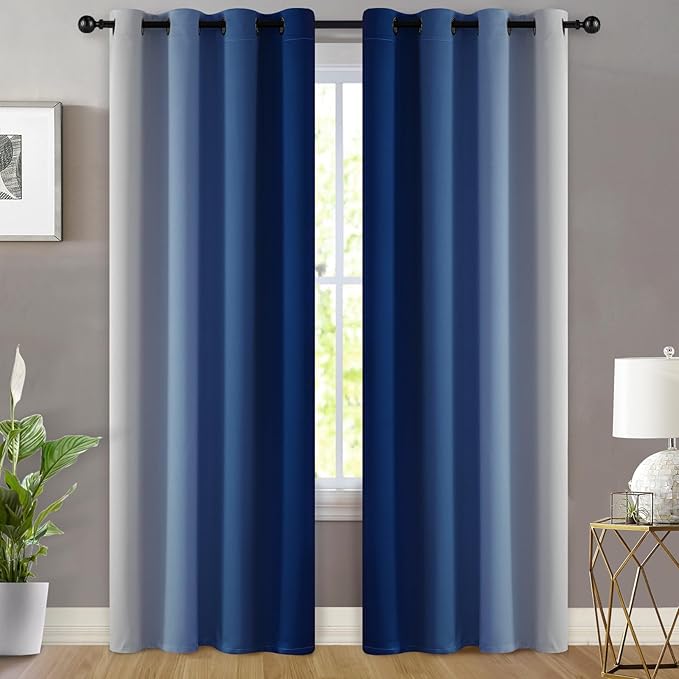 Yakamok Greyish White and Royal Blue Ombre Curtains,Light Blocking Curtains,Room Darkening Grommet Window Drapes for Bedroom(Royal Blue,52x84 Inch,2 Panels)