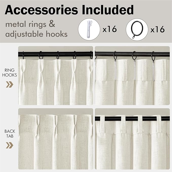 MIULEE Pinch Pleated Thick Linen Curtains 90 Inches Long 2 Panels for Living Room Bedroom, Linen Texture Memory Trained Drapes Pinch Pleat Light Filtering Neutral Ivory Cream Farmhouse Window Curtains