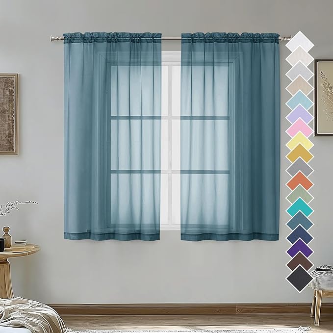 OVZME Dusty Blue Sheer Curtains 45 Inches Long 2 Panels, Light Filtering Sheer Curtains for Bedroom, Elegant Airy Draperies for Living Room Nursery Room, Dual Rod Pocket, Each 42Wx 45L