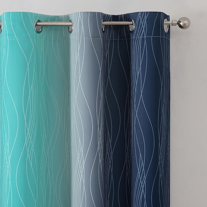 Estelar Textiler Navy Blue and Teal Ombre Blackout Curtains 45 Inch Length 2 Panels, Full Room Darkening Gradient Drapes for Kitchen, Thermal Insulated Grommet Short Curtains for Bathroom,42Wx45L