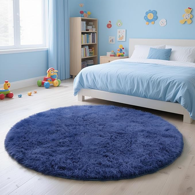 yulidayang Blue Fluffy Round Area Rugs for Bedroom,4'X4'Shag Circle Area Rugs for Living Room,Non Slip Fuzzy Plush Rug for Kids Room Boys Girls Room and Dorm Home Decor Rug