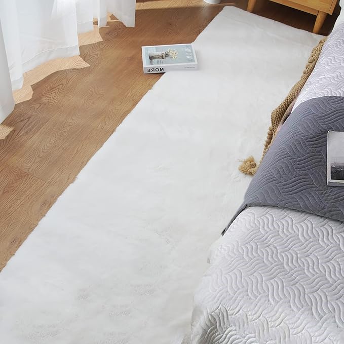 ORINOVA White Fluffy Faux Rabbit Fuzzy Fur Rug for Living Room Machine Washable Shaggy 2x8 Runner Rug for Bedroom Nursery Rectangle Rugs