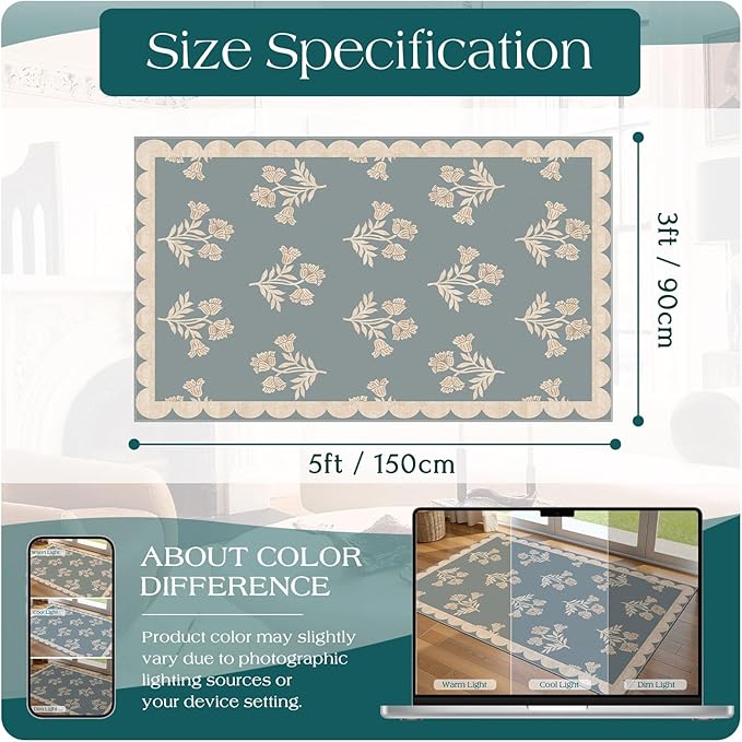 3x5 Floral Entry Rug - Small Washable Indoor Outdoor Mats for Front Door Non-Slip Porch Rug Blue Boho Farmhouse Scalloped Throw Rugs for Living Room Bedroom Entryway Kitchen Office Porch Decor