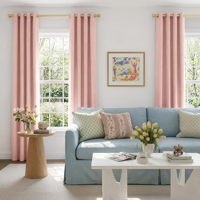 100% Blackout Shield Linen Blackout Curtains for Bedroom, Blush Pink Grommet Curtains for Living Room, Thermal Insulated Room Darkening Drapes for Nursery, Boho Home Decor, 50" W x 96" L, 2 Panels
