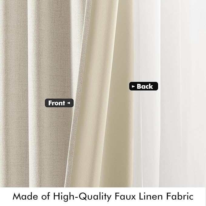 MIULEE 100% Blackout Linen Curtains for Bedroom, Linen Beige Solid Luxury Decor Thermal Insulation Room Darkening Drapes for Living Room Nursery Back Tab Rod Pocket 42 x 72 Inches, 2 Panels