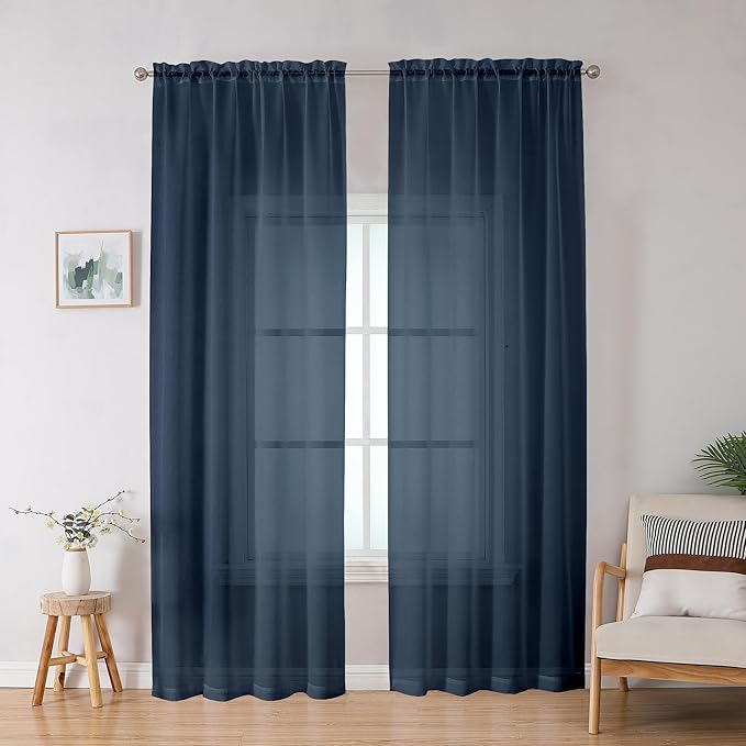 OWENIE Blue Sheer Curtains, Sheer Curtains 78 inches Long 2 Panels Set, Rod Pocket Voile Fimly Sheer Drapes for Living Room/Bedroom, 2pcs, Each 42" W x 78" L, Navy Blue