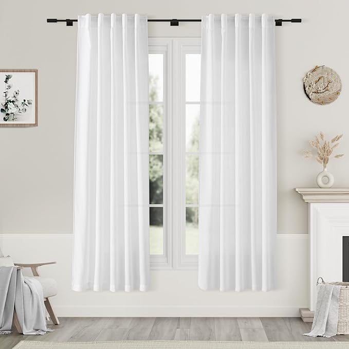 Nanspring White Semi Sheer Linen Curtains 72 inch Length for Living Room Back Tab Rod Pocket Modern Farmhouse Coastal Decor White Cotton Textured Gauze Curtains for Dining Room Office 38x72