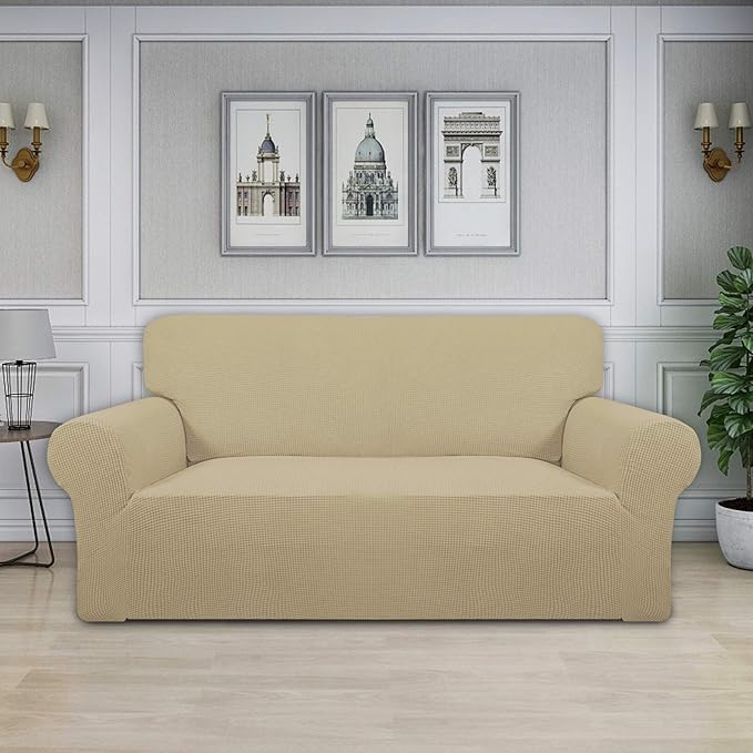 Easy-Going Stretch Oversized Loveseat Slipcover 1-Piece Sofa Cover Furniture Protector Couch Soft with Elastic Bottom for Kids Polyester Spandex Jacquard Fabric Small Checks Beige