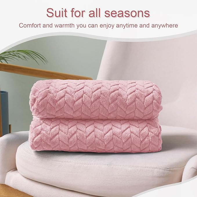 Exclusivo Mezcla Fleece Throw Blanket for Couch and Bed, 50x70 Inches Soft Cozy Jacquard Flannel Blankets, Lightweight Fuzzy Plush Warm Throws for Women, Pink