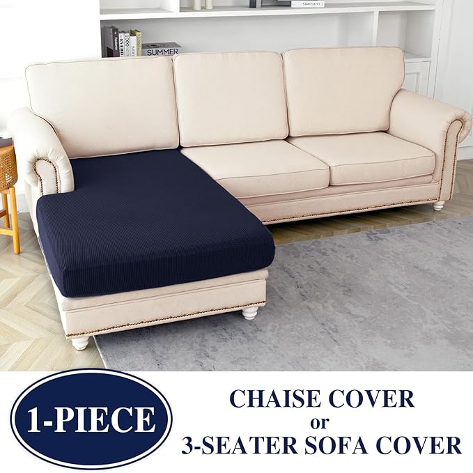 Couch Cushion Cover for Chaise Lounge & Sofa (Washable, Stretch, Separate Seat, 1 Piece for Chaise or Sofa 3-Seater, Navy)